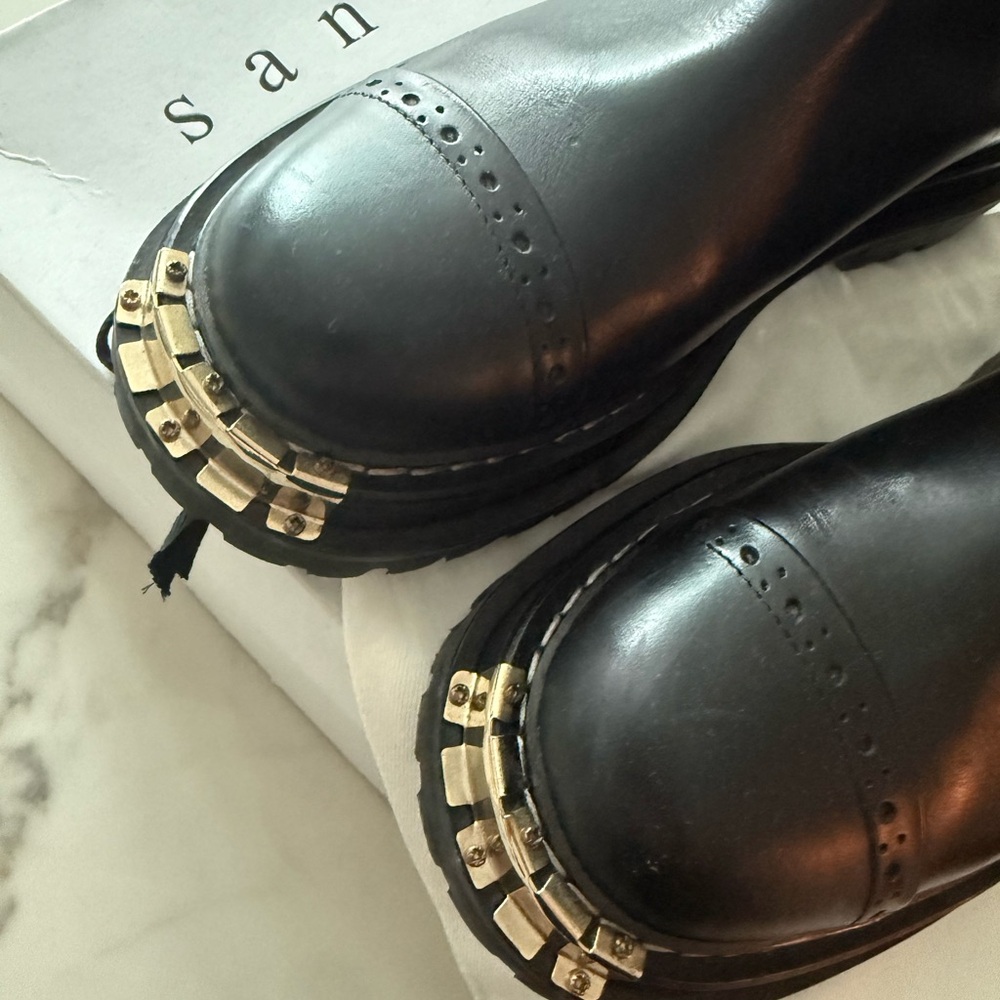Sandro Black Leather Combat Boots with Silver Toe Hardware - Picture 3 of 6